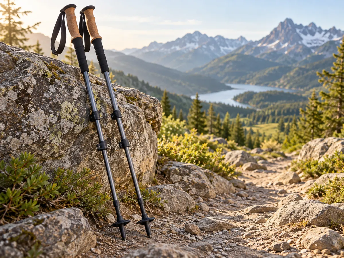 A matched pair of adjustable hiking poles with cork grips, wrist straps and trail baskets resting against a rock.