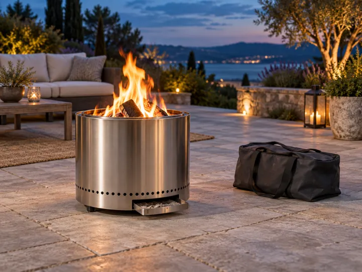 A compact stainless steel portable fire pit on a heat-safe stone surface with a small contained wood flame.