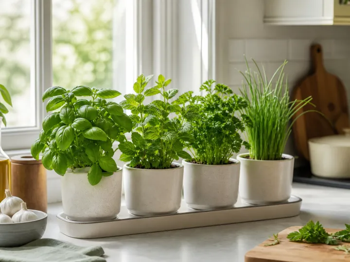 A compact indoor herb garden with basil, mint and parsley growing on a bright kitchen counter.