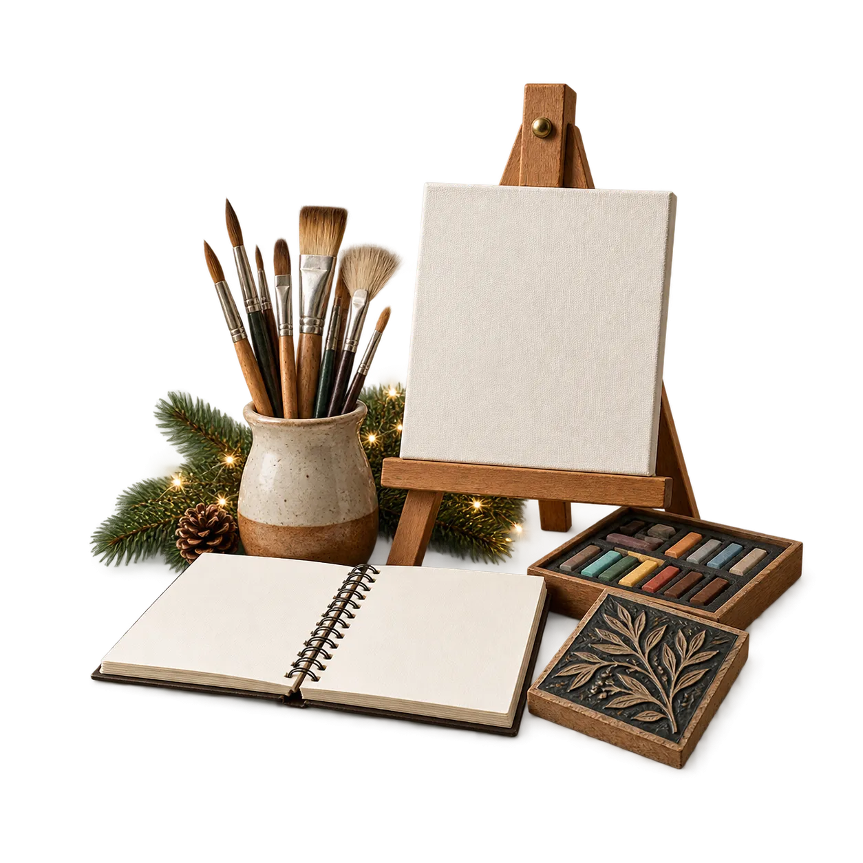 An easel, brushes, sketchbook, pastels and printmaking tools arranged with evergreen foliage and warm Christmas lights.