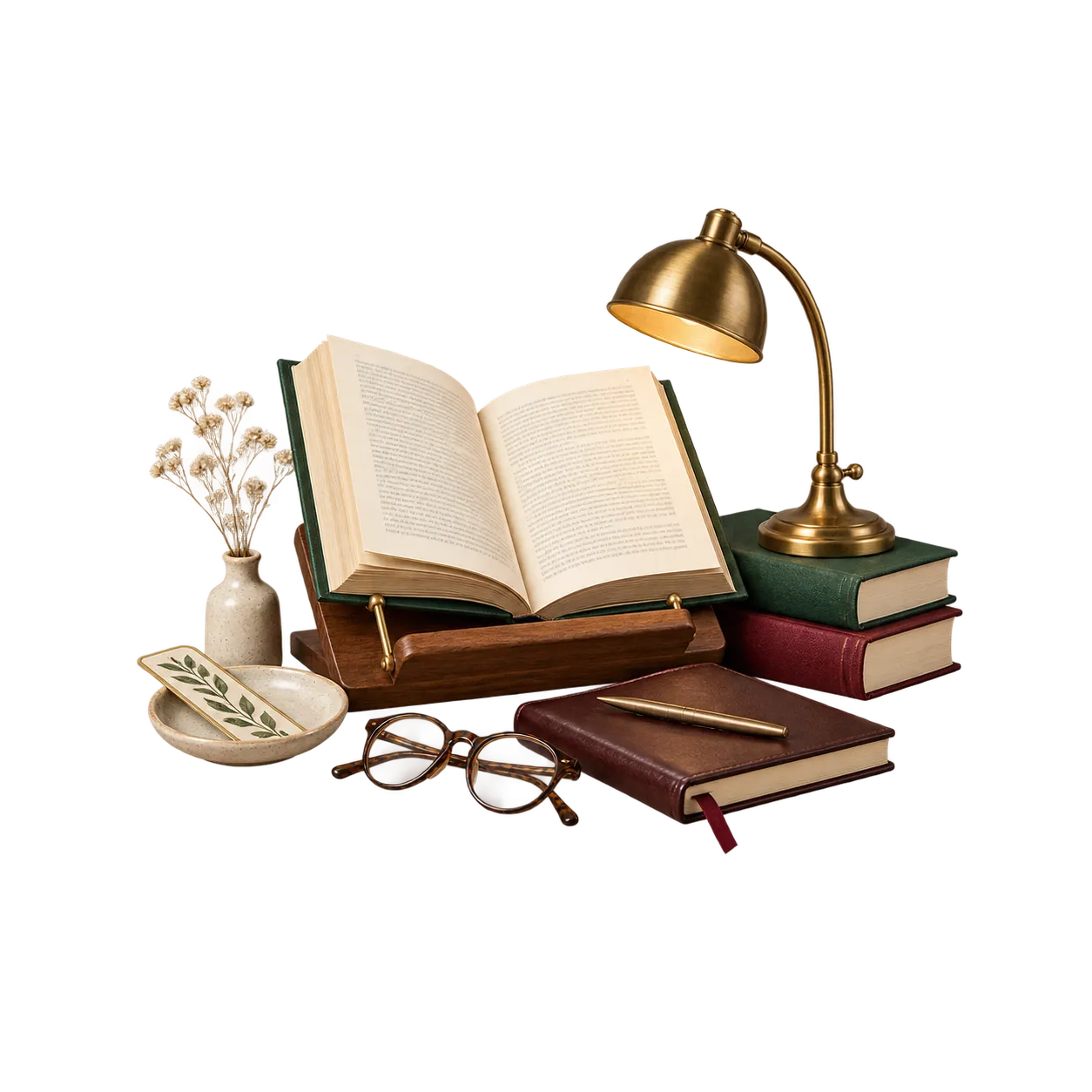 An open book on a wooden stand beside a brass reading lamp, stacked books, a journal and reading glasses.