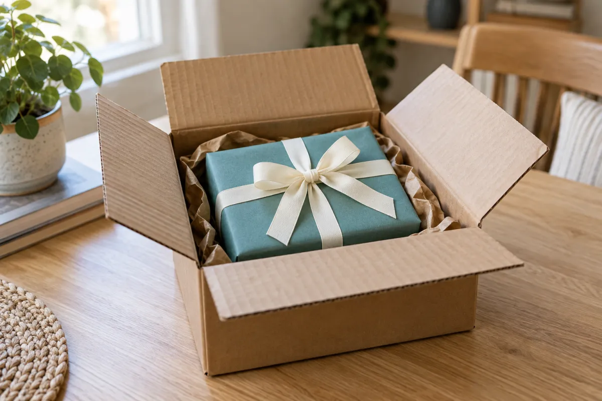 A gift wrapped in teal paper and a cream ribbon inside an open cardboard parcel on a wooden table.