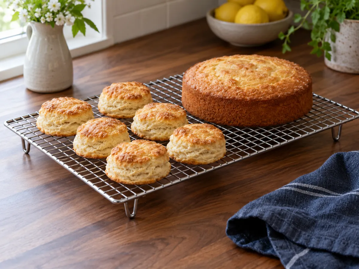 Fresh scones and a simple cake cooling on a raised wire rack on a wooden kitchen counter.