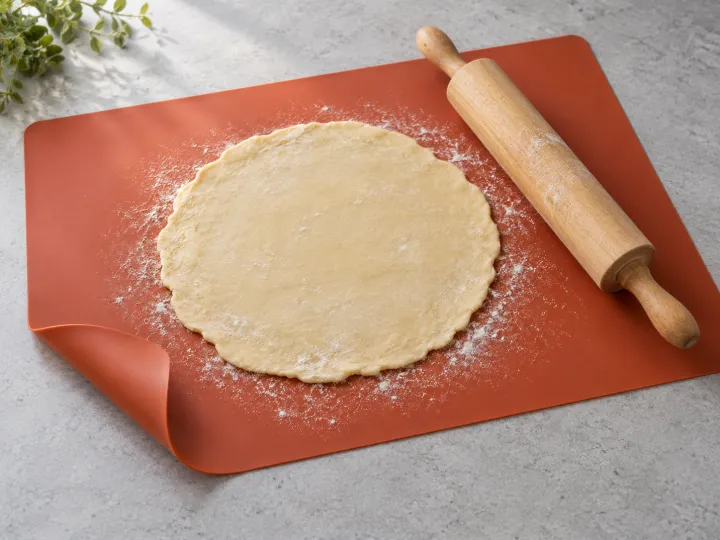 Rolled pastry dough on a terracotta silicone mat beside a wooden rolling pin.