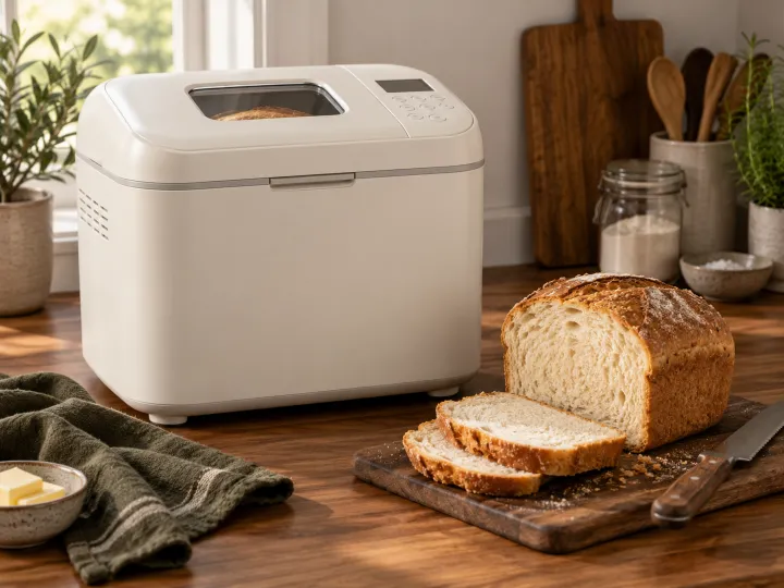 Cream bread machine on a wooden kitchen counter beside a homemade loaf and sliced bread.