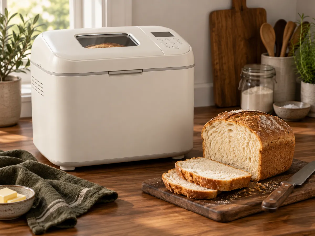 Cream bread machine on a wooden kitchen counter beside a homemade loaf and sliced bread.