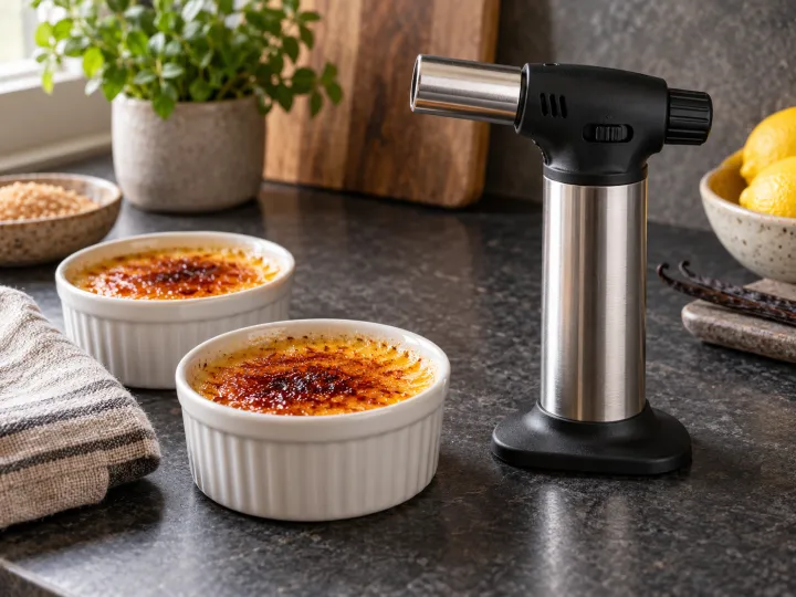 Small stainless steel kitchen blowtorch standing unlit beside two caramelized crème brûlée desserts.