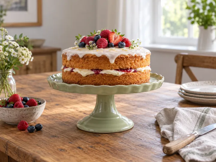 Simple berry-topped sponge cake on a pale sage ceramic pedestal cake stand on a wooden table.