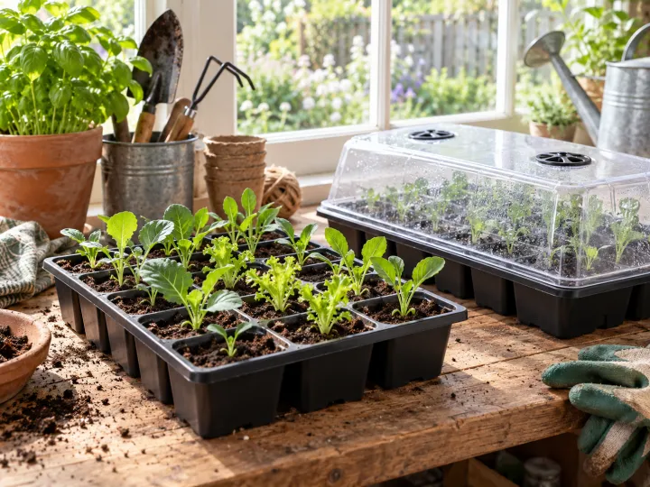 Seedlings growing in a reusable cell tray beside a second tray with a clear propagation dome.