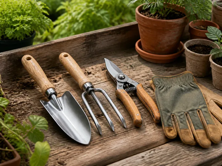 A sturdy hand trowel, garden fork and pruning shears arranged beside terracotta pots and soil.