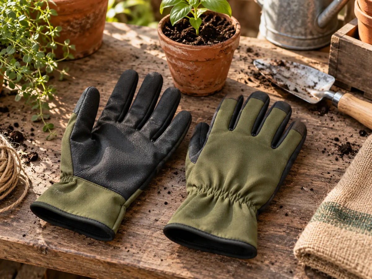 Pair of olive gardening gloves, one palm up and one back up, on a potting bench.