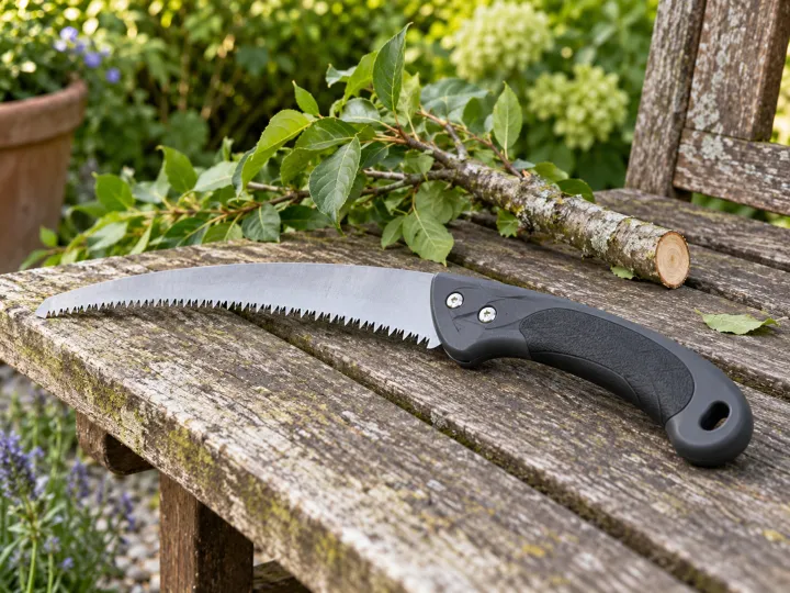 Curved hand pruning saw lying flat on a garden bench beside a trimmed branch.