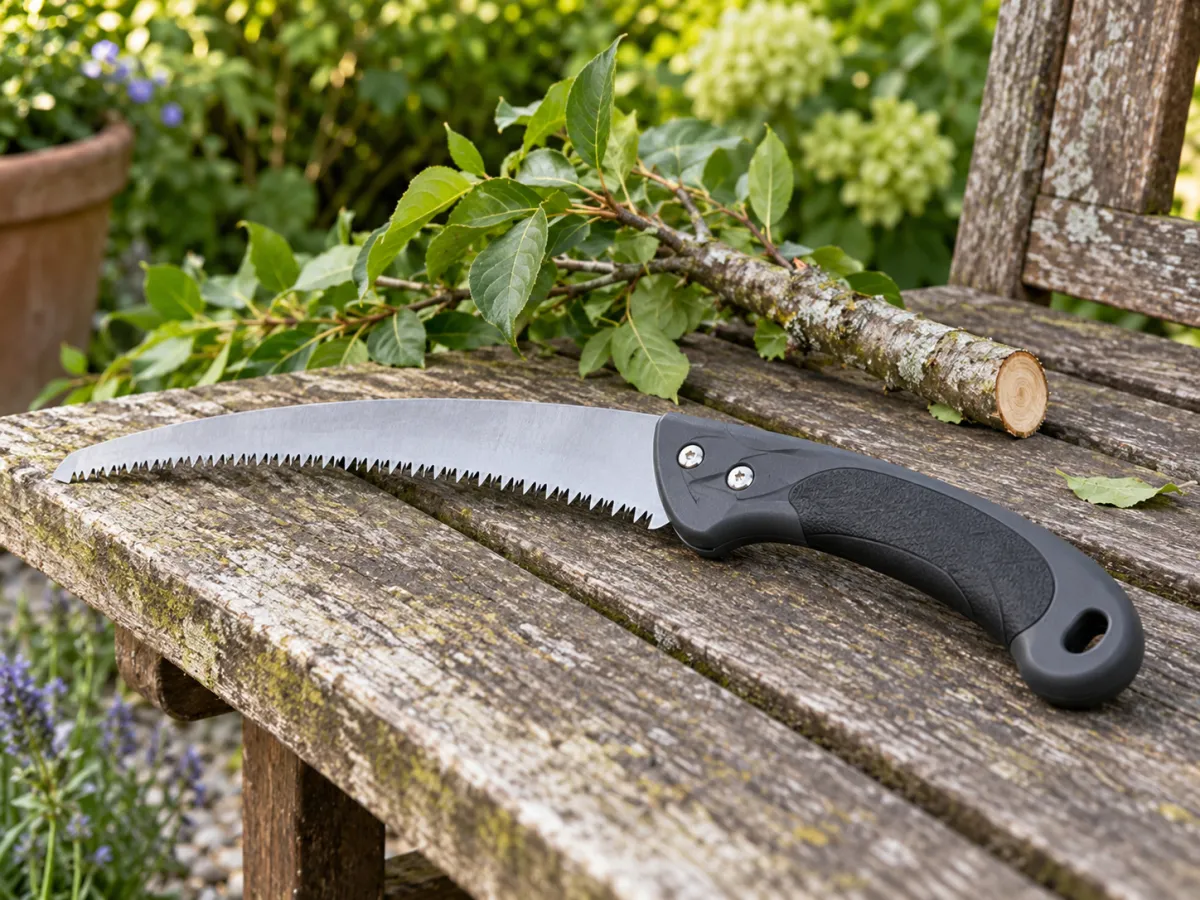 Curved hand pruning saw lying flat on a garden bench beside a trimmed branch.