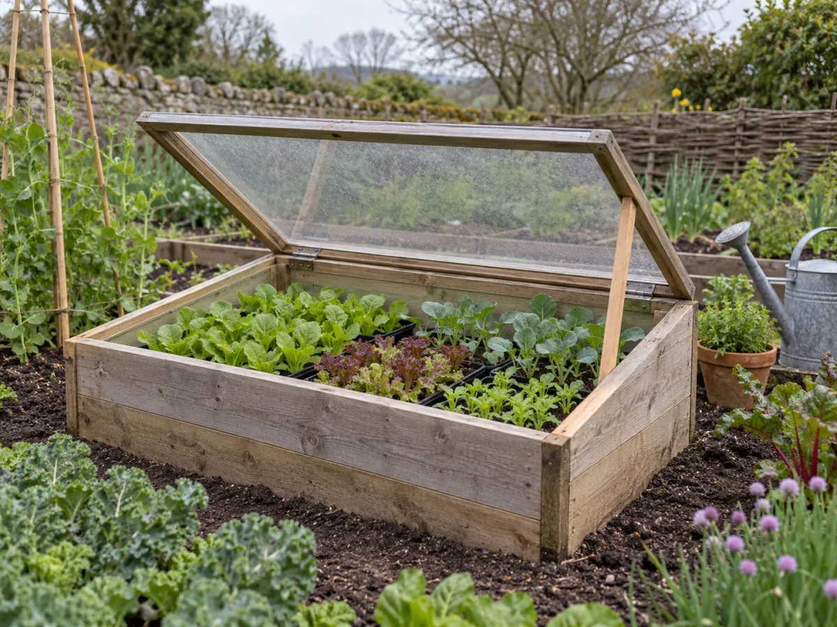 Low wooden garden cold frame with its transparent lid propped open above trays of young plants.
