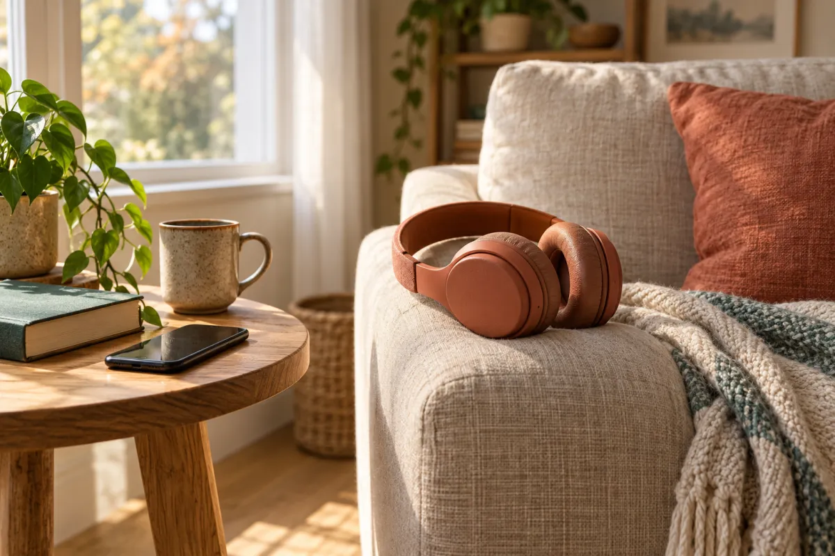 Terracotta headphones resting on a linen armchair beside a phone and closed book in a sunlit reading nook.