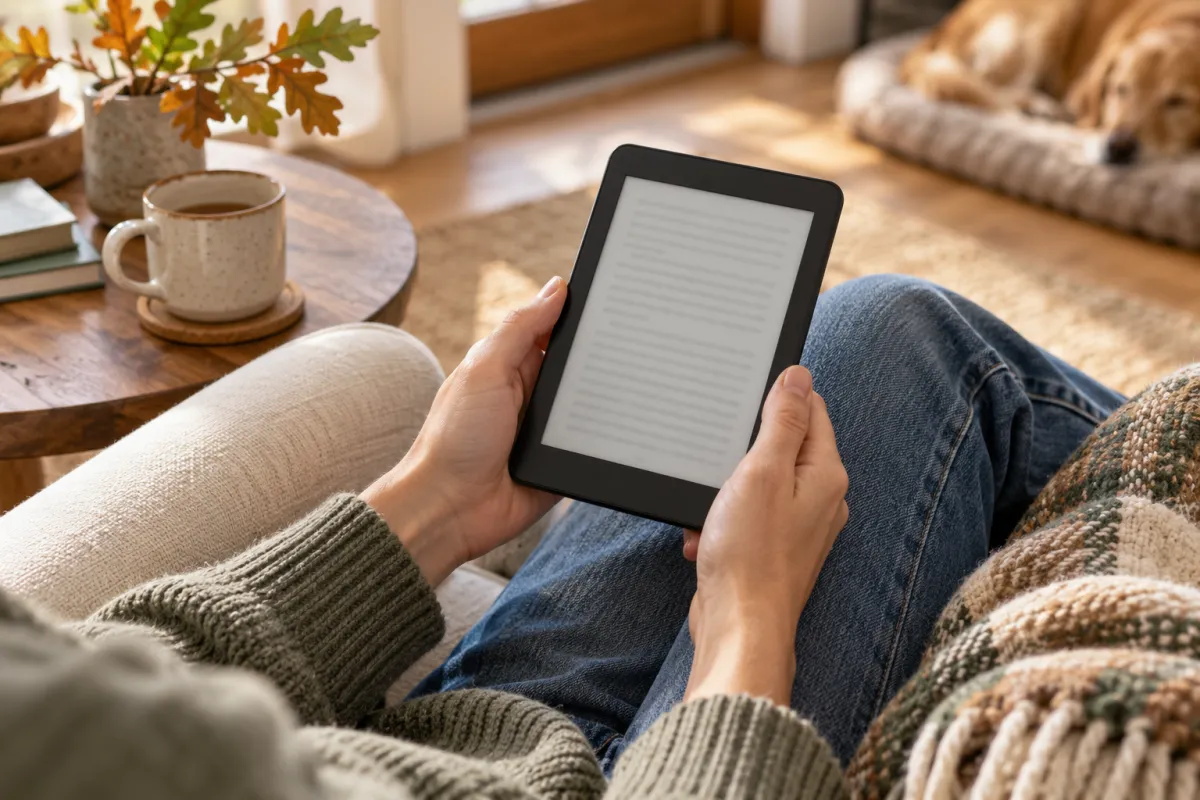A reader holding an unbranded e-reader in a cream armchair beside a small table and mug.