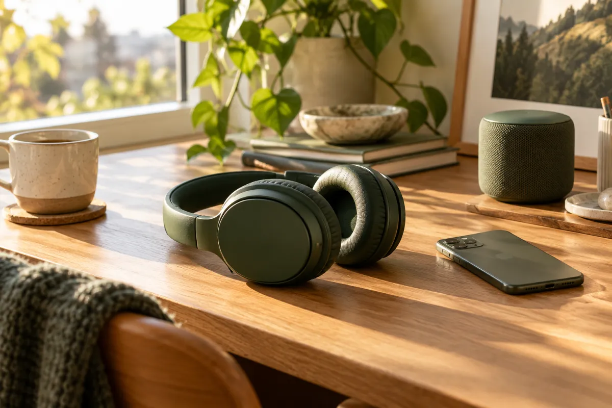 Forest-green headphones and a face-down phone on a sunlit wooden desk, with a compact speaker behind them.