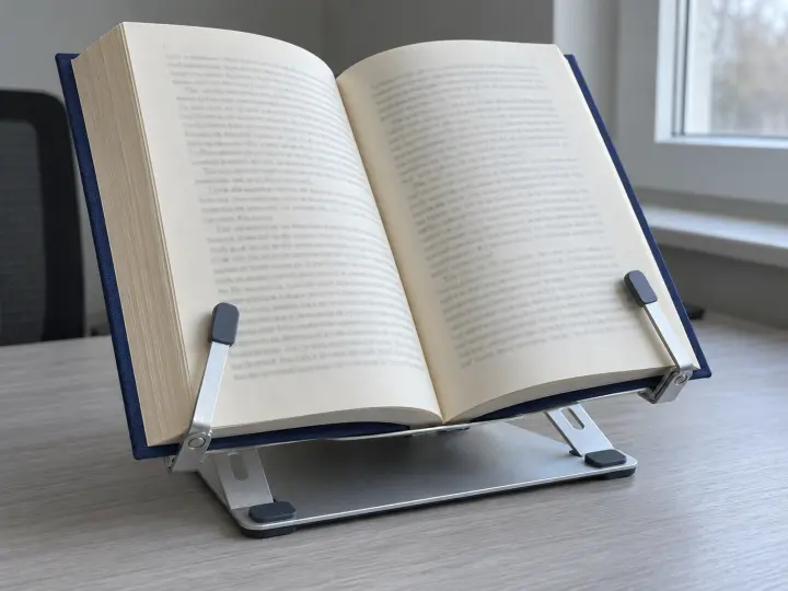 An open navy-covered book held by padded clips on a folding metal reading stand beside a window.