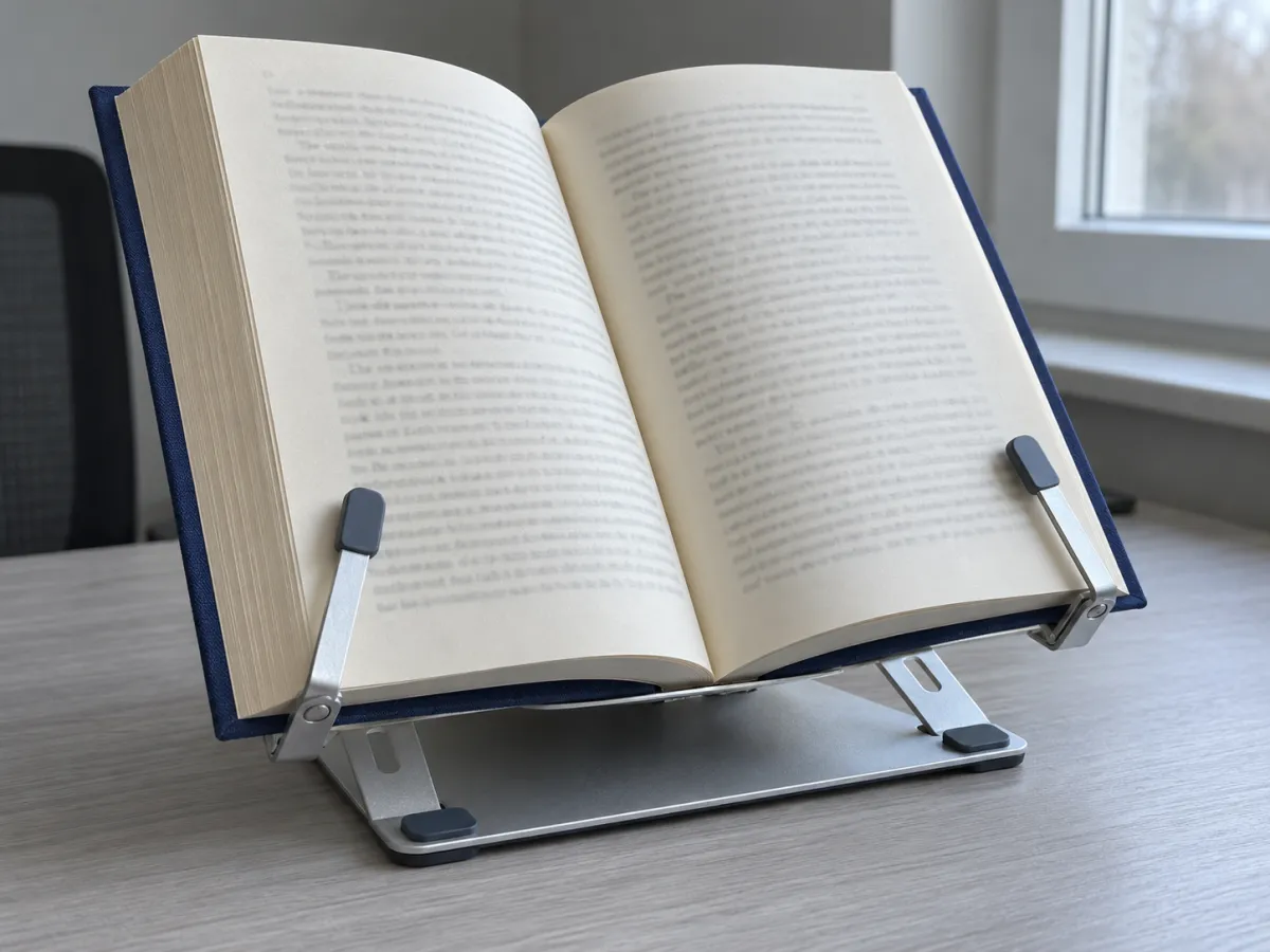An open navy-covered book held by padded clips on a folding metal reading stand beside a window.