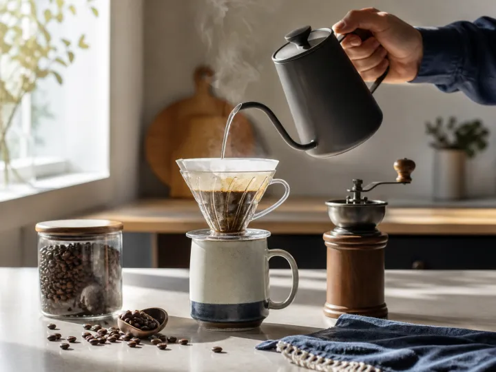 A glass pour-over coffee dripper brewing into a ceramic mug beside a kettle and hand grinder.
