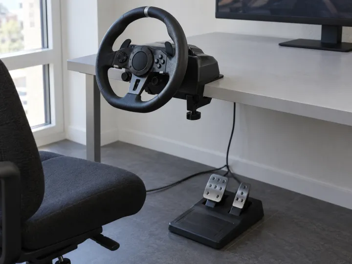 A black gaming steering wheel clamped to a pale desk with a connected two-pedal unit on the floor.