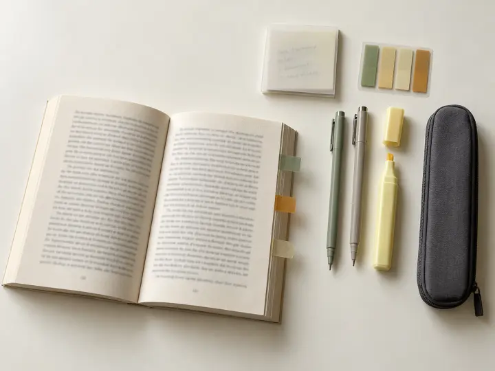 Muted page tabs, transparent notes and fine pens arranged beside an annotated paperback on a cream work surface.