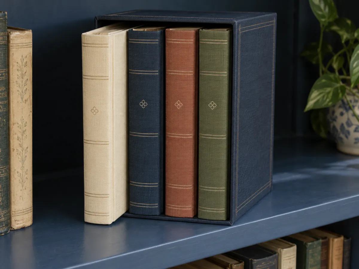 Four coordinated clothbound books in an open-front slipcase on a painted blue library shelf.