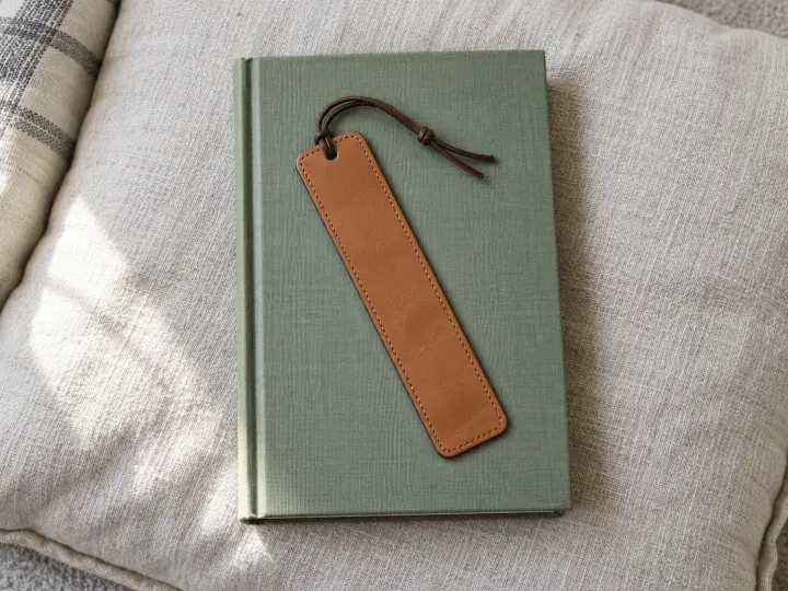 A tan leather bookmark with a brown cord lying flat on a closed sage-green clothbound book.