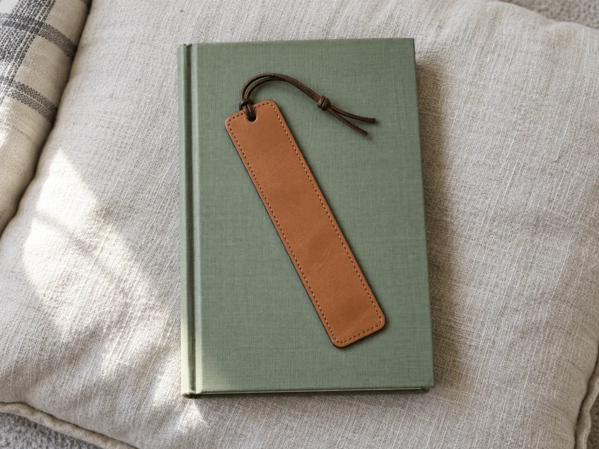 A tan leather bookmark with a brown cord lying flat on a closed sage-green clothbound book.