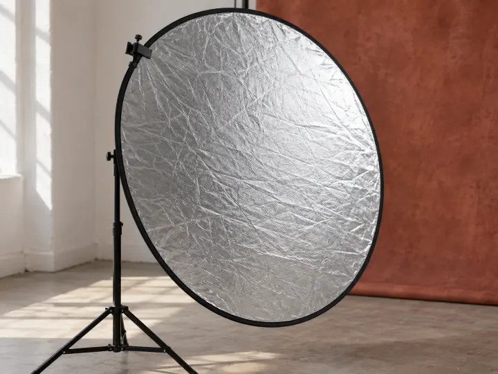 A silver collapsible photography reflector clamped to a stand beside a studio window.