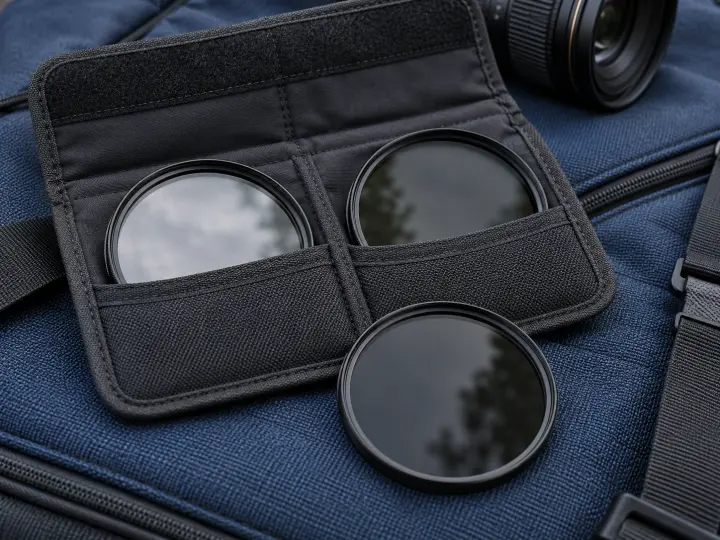 Three circular glass lens filters in and beside a padded wallet on a blue camera bag.