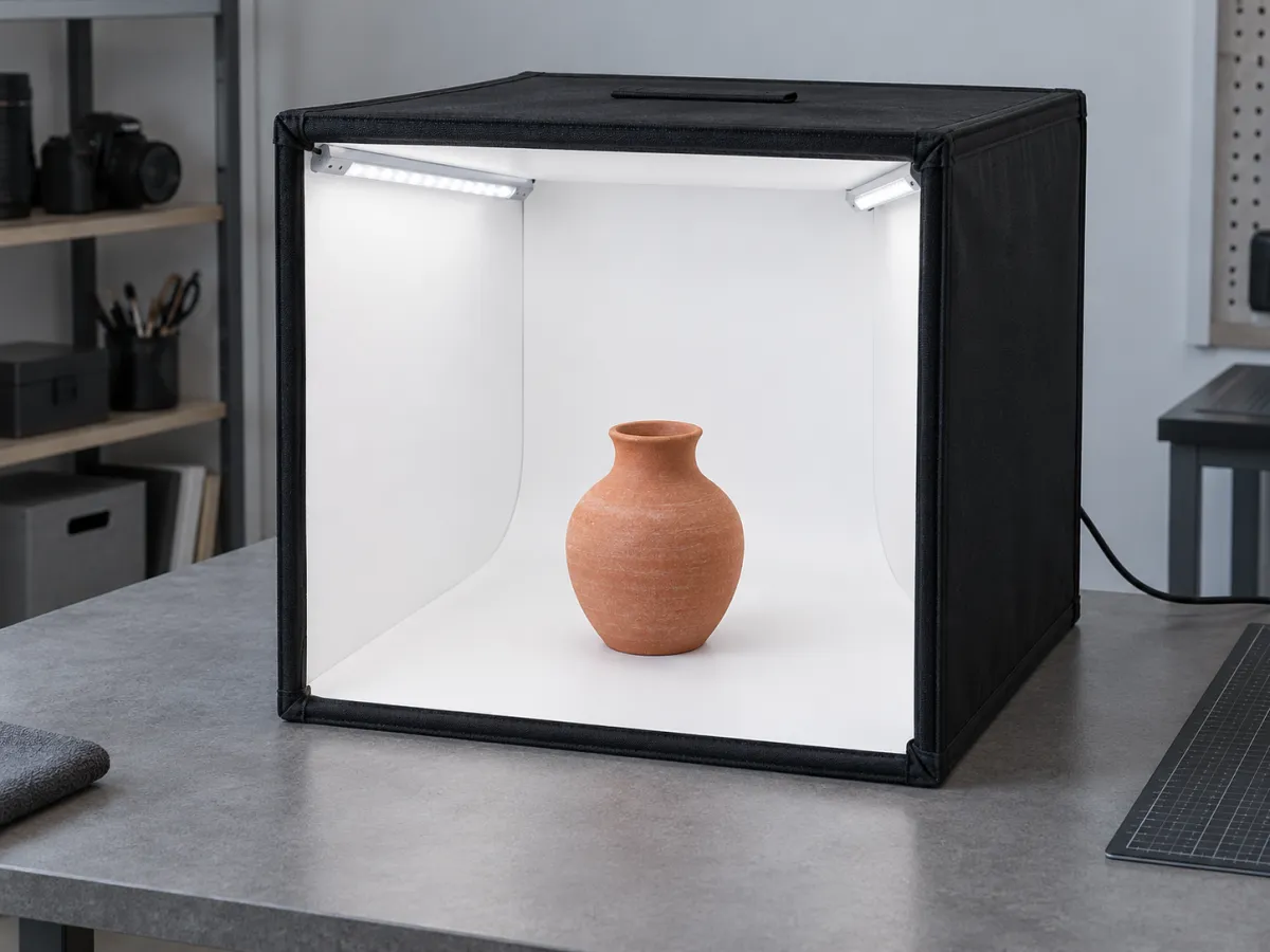 An open-front photography light box with mounted LED strips and a small terracotta vase inside.