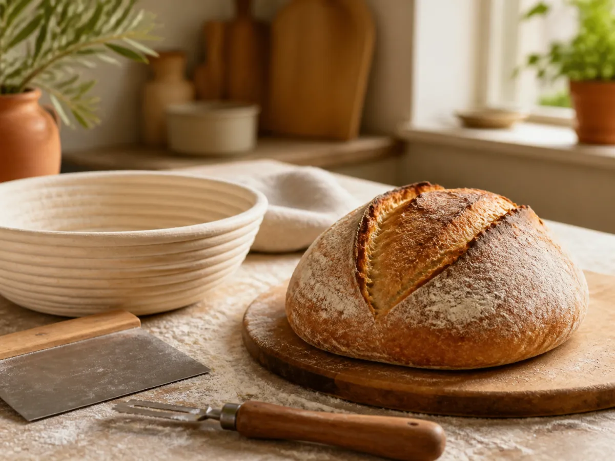 A round sourdough loaf cooling beside a proofing basket, dough scraper and linen cloth.