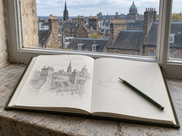 An open cloth-bound sketchbook with a graphite rooftop study and pencil on a stone window ledge.