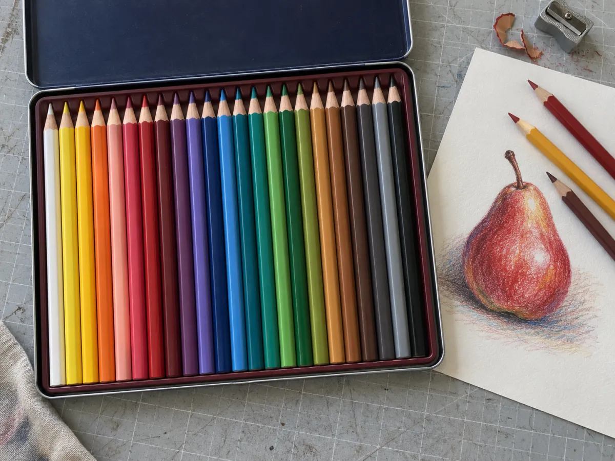 An open tin of sharpened colored pencils beside a pear drawing on paper.