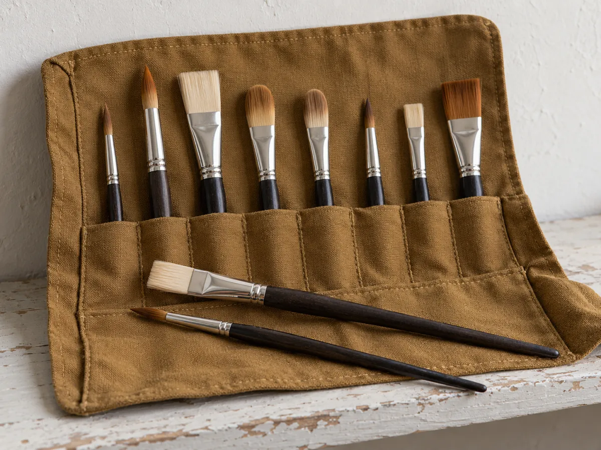 Artist brushes with round, flat and filbert heads in an open ochre canvas roll.