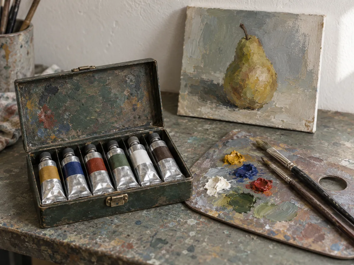 Metal oil paint tubes, two brushes and a mixing palette beside a small painted canvas board.