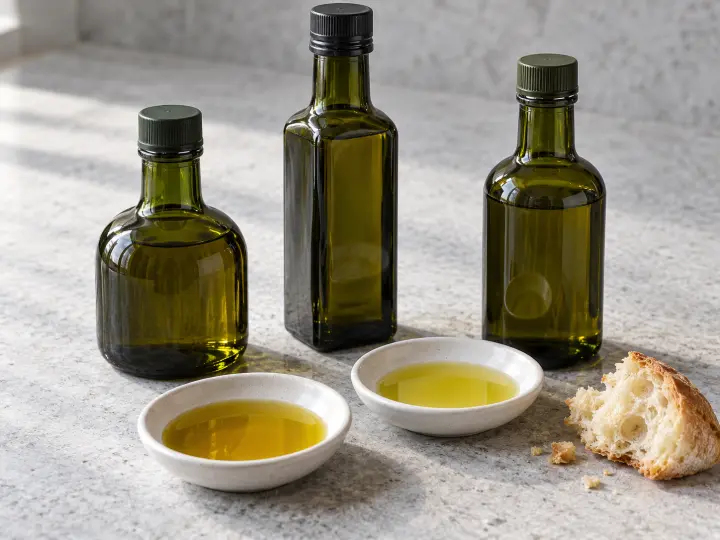 Three green glass olive oil bottles with two white tasting dishes and a piece of bread on a pale stone counter.
