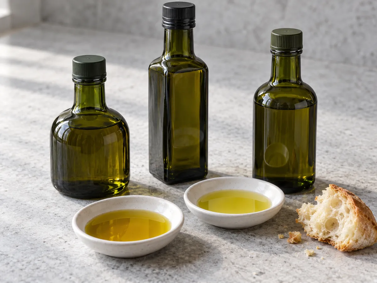 Three green glass olive oil bottles with two white tasting dishes and a piece of bread on a pale stone counter.