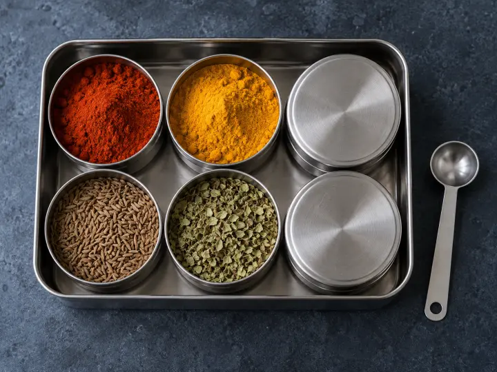 Six steel spice pots in a rectangular tin, with paprika, turmeric, cumin seeds and dried herbs beside a measuring spoon.