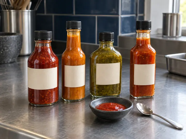 Four capped glass bottles of red, orange and green hot sauces with a small tasting dish and spoon on a steel counter.