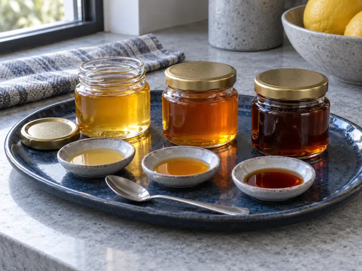 Three small honey jars on a blue ceramic platter with separate tasting dishes and a spoon.