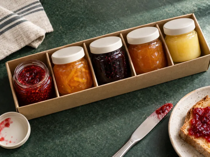 Five small jars of fruit preserves in a divided cardboard tray, with jam on a knife and toast.