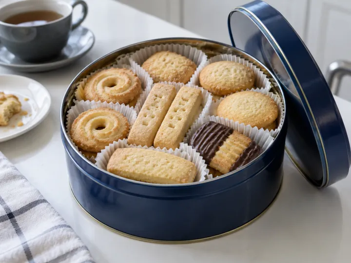 An open blue metal tin filled with butter cookies, shortbread and chocolate-dipped cookies beside a cup of tea.