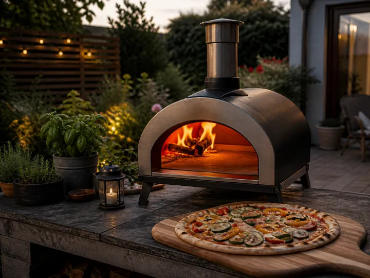 A compact outdoor pizza oven cooking a handmade pizza on a stone patio at dusk.
