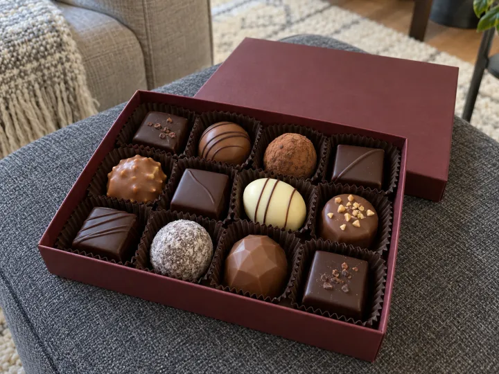 An open burgundy box of assorted milk, dark and white chocolates in individual paper cups on a gray fabric ottoman.