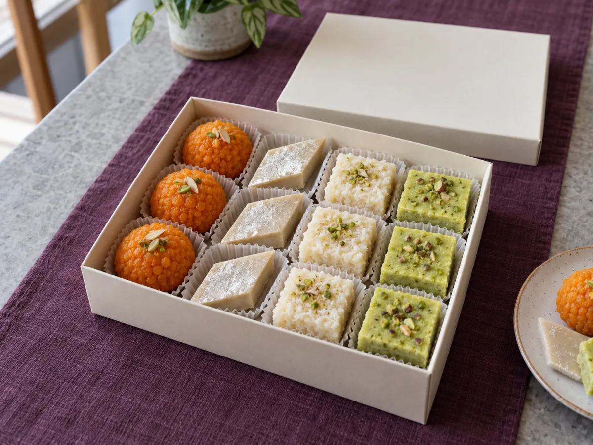 An open ivory box of laddoo and assorted barfi arranged in paper cups on a plum runner over pale stone.