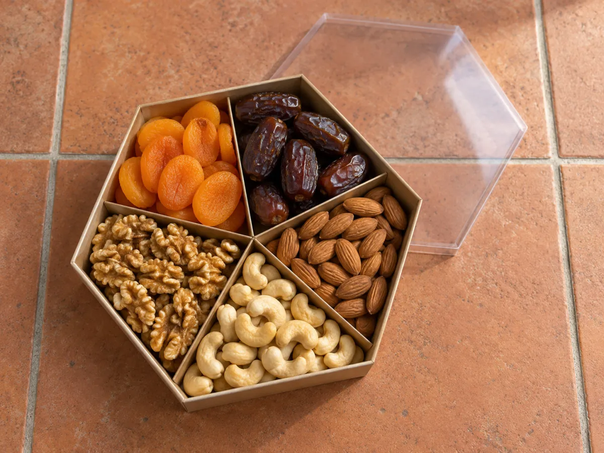 Dried apricots, dates, walnuts, cashews and almonds in a divided hexagonal kraft gift box on terracotta tiles beside a clear lid.