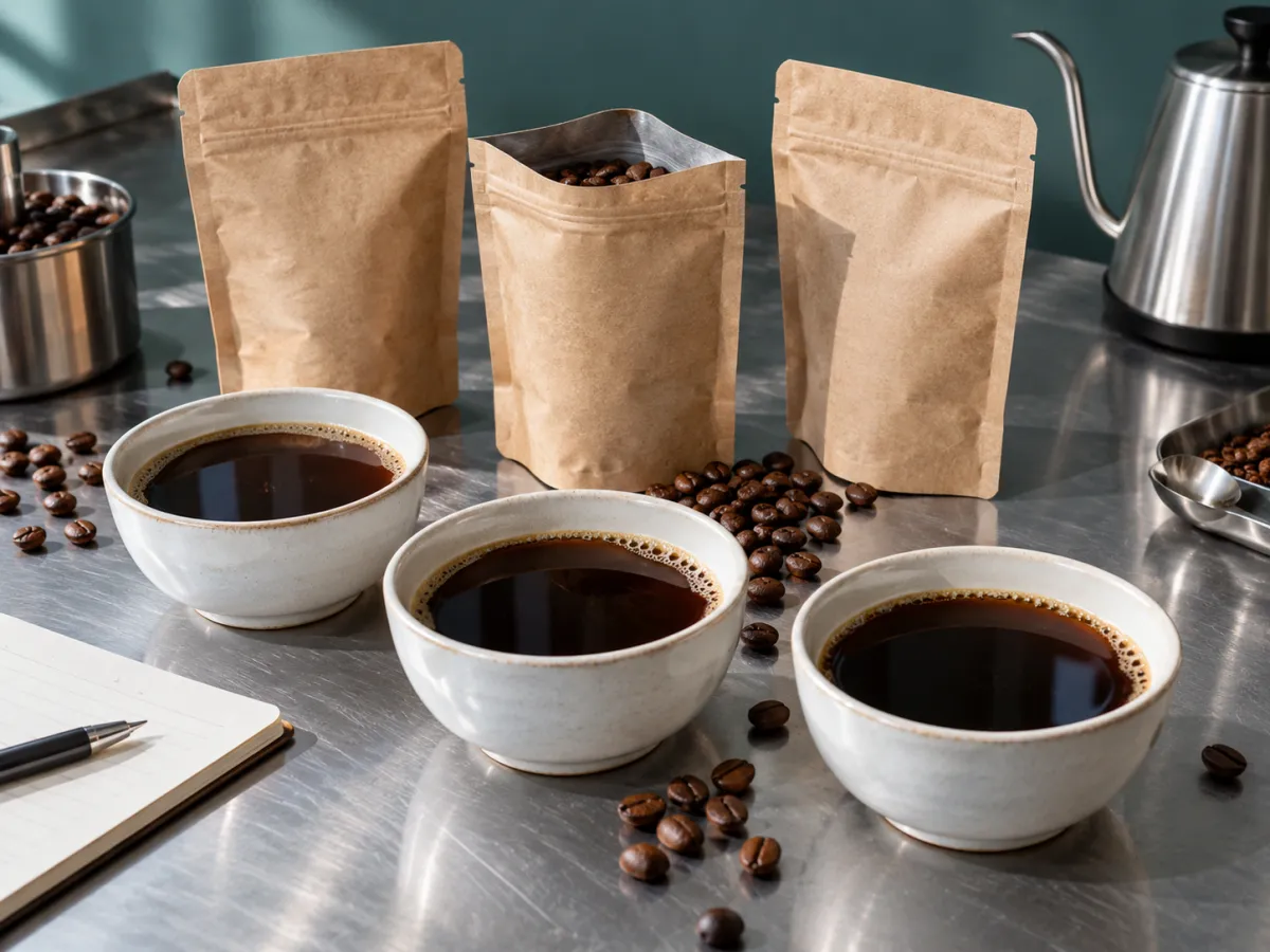 Three kraft coffee sample pouches behind ceramic cups of black coffee and roasted beans on a stainless-steel surface.