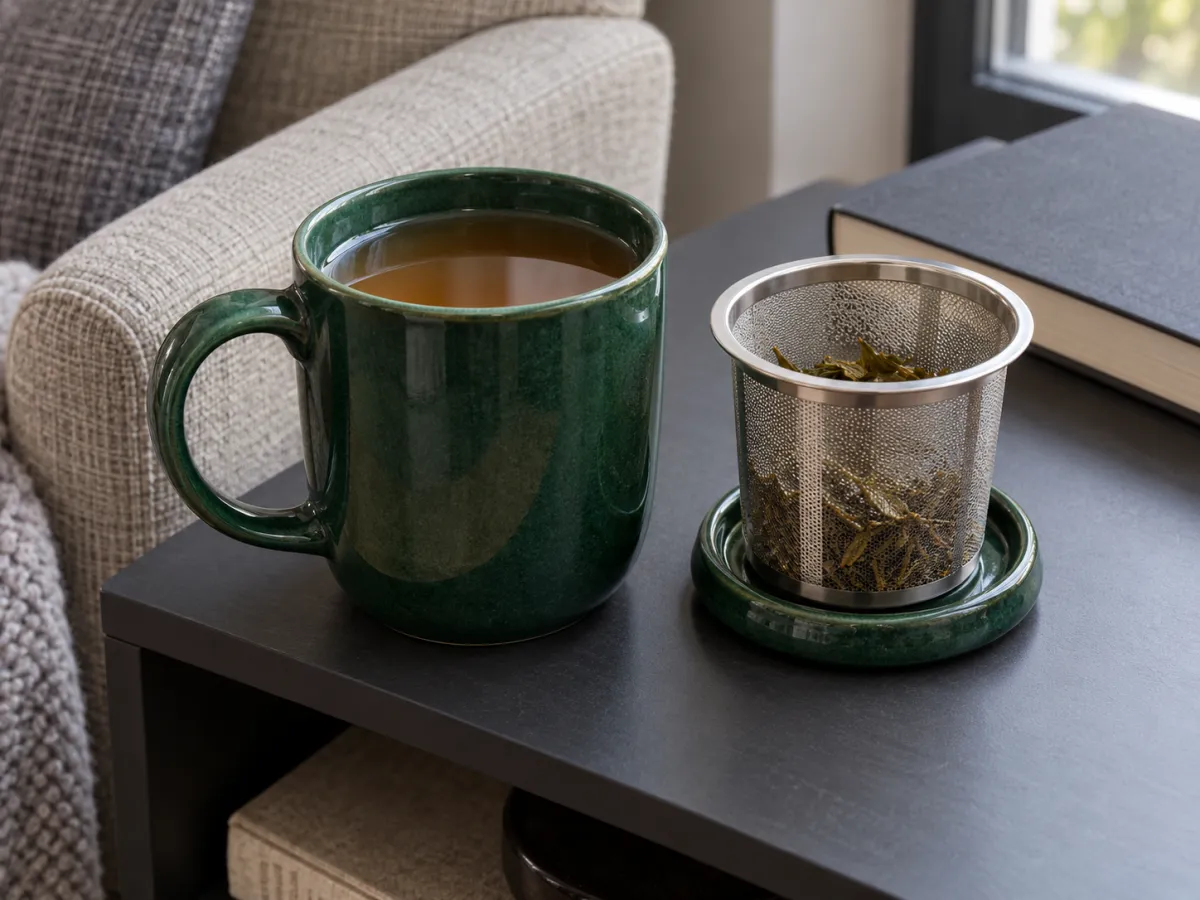 A forest-green mug of amber tea beside a stainless-steel infuser basket resting on its matching lid on a dark side shelf.